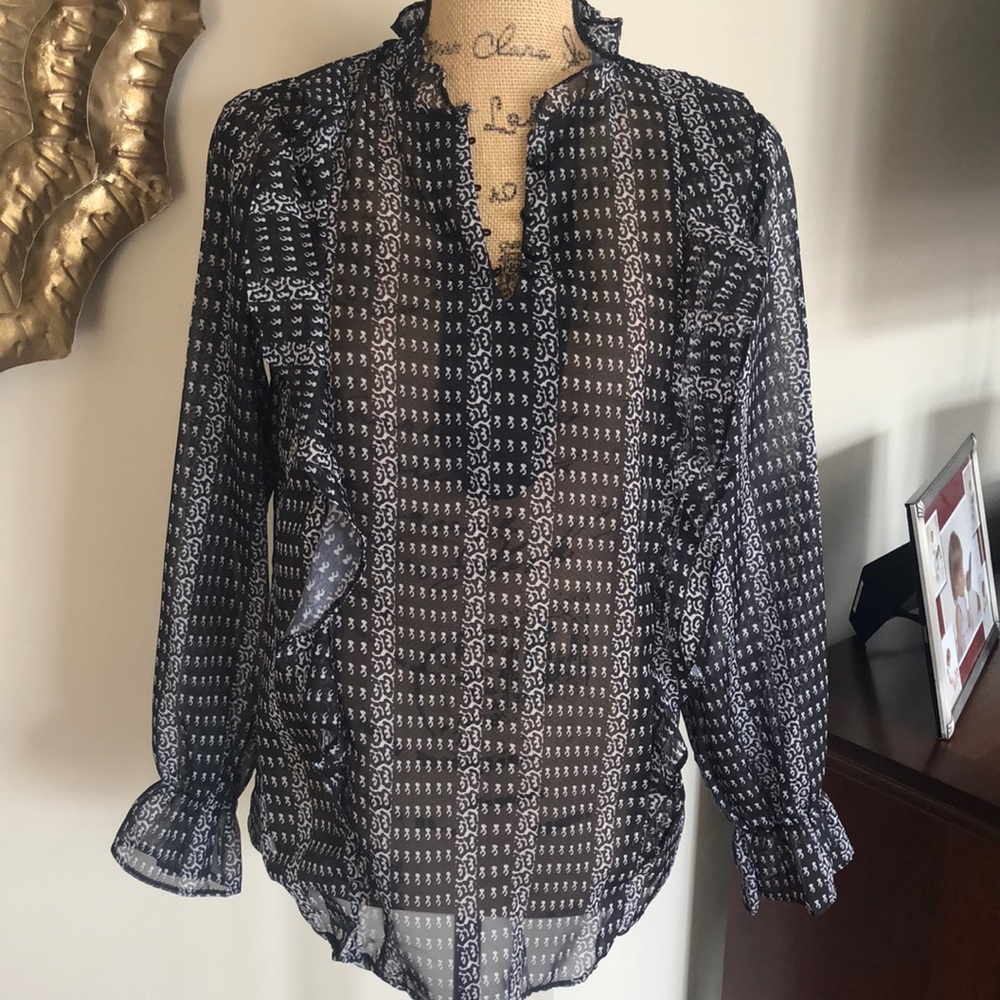 Fashion Mia sheer black & white ruffled blouse Sm